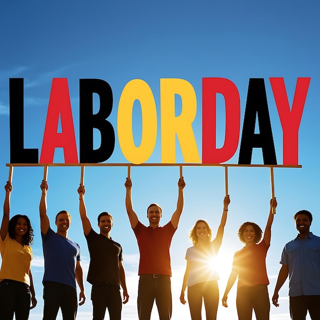 Photo silhouetted group celebrating labor day with colorful sign under a bright blue sky