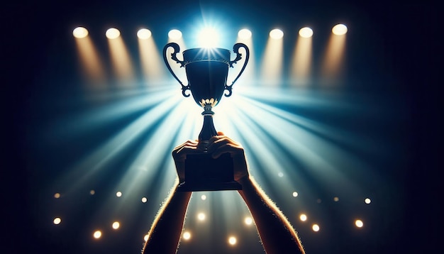 Silhouetted hands raise a trophy high in a dramatic spotlight on a dark stage with stage lights in the background Concept Victory Ceremony Celebrating Achievement Center of Attention