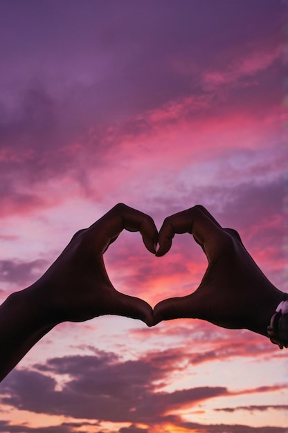 Silhouetted heart with hands against sunset