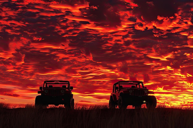 Silhouetted Jeeps Against a Fiery Red Sunset Reflecting Offroad Spirit