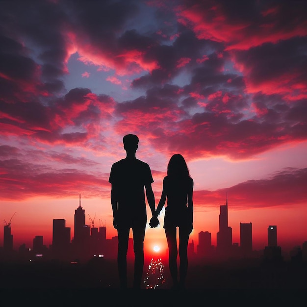 Silhouetted Love Couple Against the City Sunset