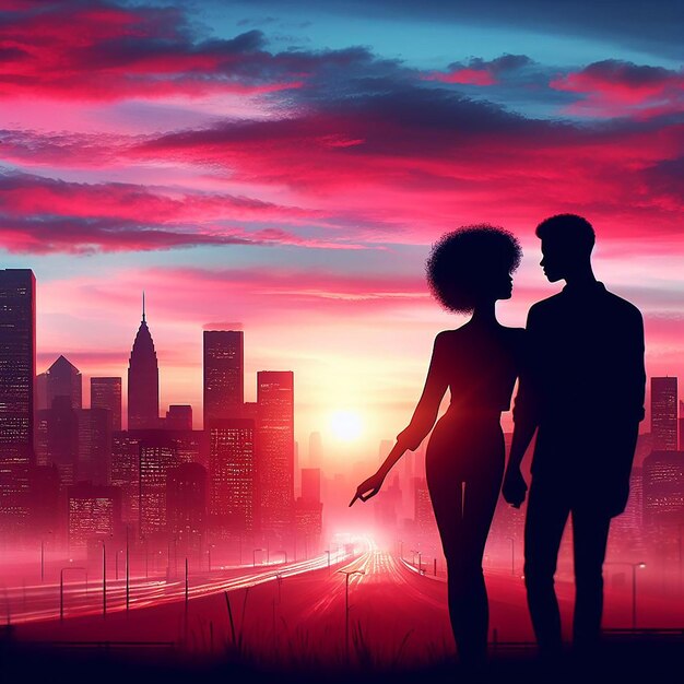 Silhouetted Love Couple Against the City Sunset