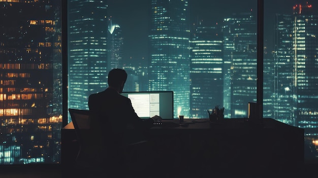 Silhouetted Man Working at Desk Overlooking Nighttime Cityscape