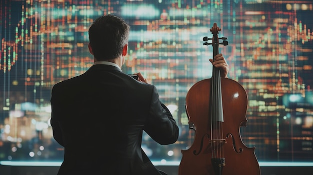 Photo silhouetted musician with cello against a blurred cityscape