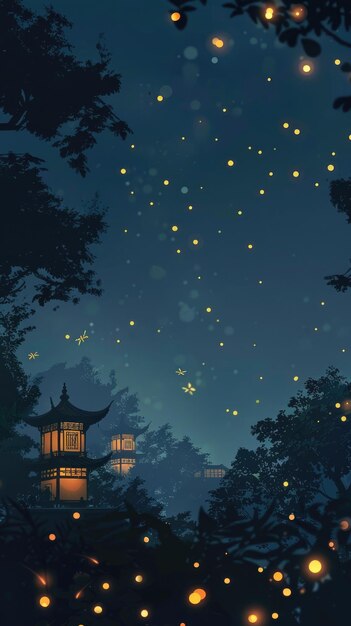 Silhouetted pagodas against a night sky filled with fireflies