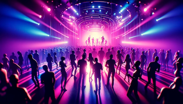 Silhouetted people dancing in a nightclub with vibrant lights and a futuristic atmosphere Generative AI Generative AI