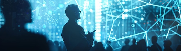 Photo silhouetted people in front of a blue digital network background representing technology communicati