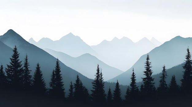 Photo silhouetted pine trees against a misty mountain range