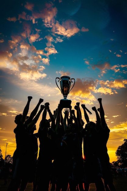 Silhouetted players lifting the championship trophy at dusk