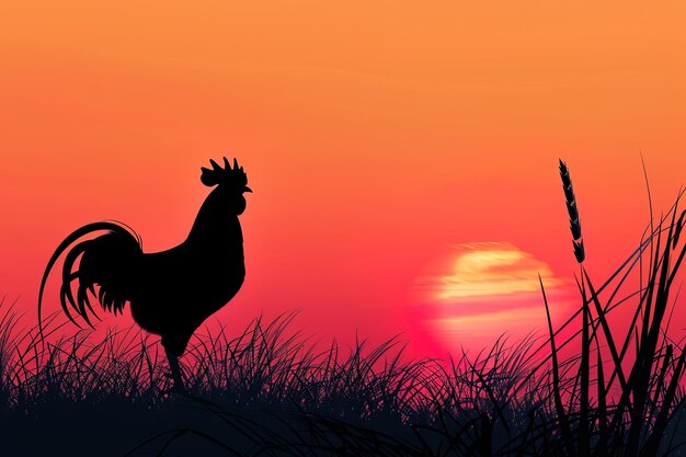 Photo a silhouetted rooster stands tall in a field of grass heralding the dawn as the sun rises in a fiery orange sky farm animals