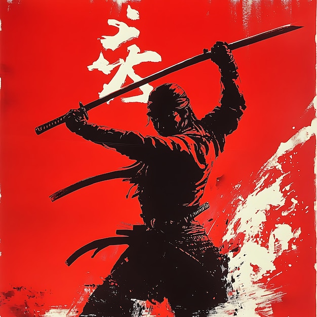 Photo silhouetted samurai warrior with katana sword and japanese characters