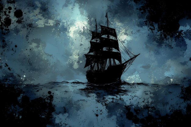 Photo silhouetted ship sailing through a dark and stormy night