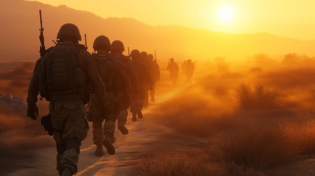 Silhouetted Soldiers Marching Through Desert Dust at Sunset