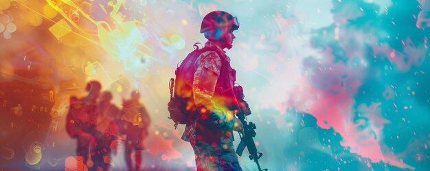 Photo silhouetted soldiers in vibrant abstract multicolored digital art blending futuristic and military t