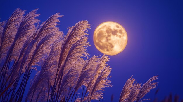 Photo silhouetted tall grass with a full moon behind it in the night sky