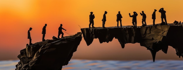 Silhouetted Team on Edge of Cliff at Sunset