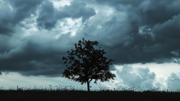 Photo silhouetted tree under stormy sky