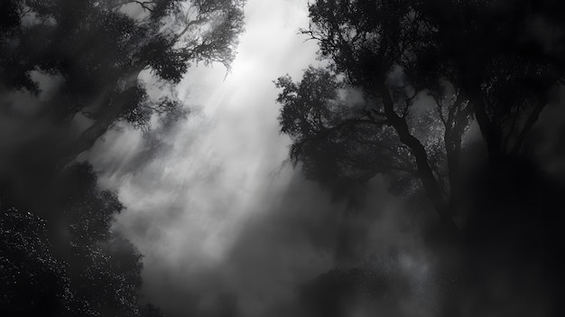 Photo silhouetted trees and fog in a dark forest