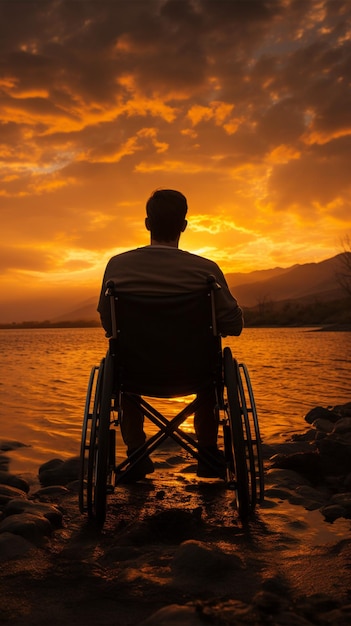 Silhouetted wheelchair user against a vibrant sunset epitomizing resilience and strength Vertical