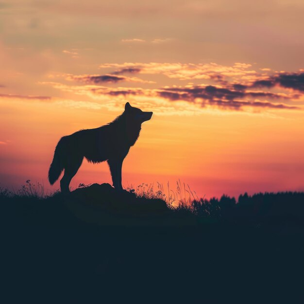 Photo silhouetted wolf standing on a hilltop against a fiery sunset sky