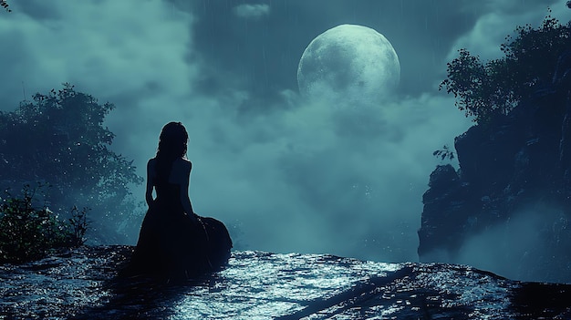 Silhouetted Woman Gazing at the Moon in a Misty Night