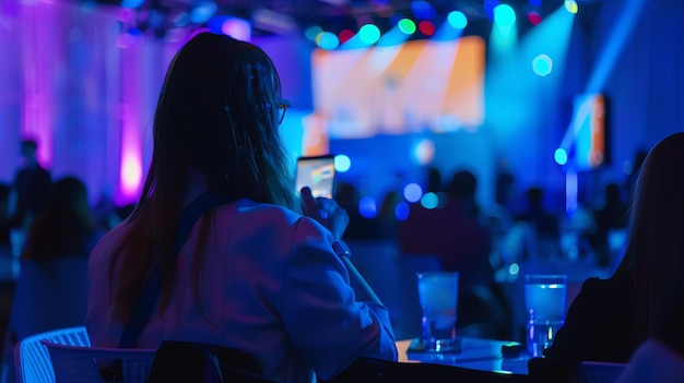 Silhouetted woman using her phone at a conference