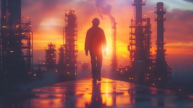 Silhouetted Worker at Sunset in Industrial Plant