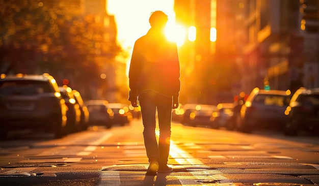 Silhouetted young adult walking on city street at sunset