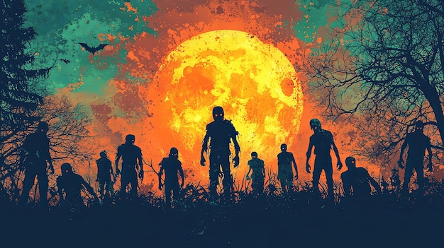 Silhouetted zombies against full moon eerie atmosphere