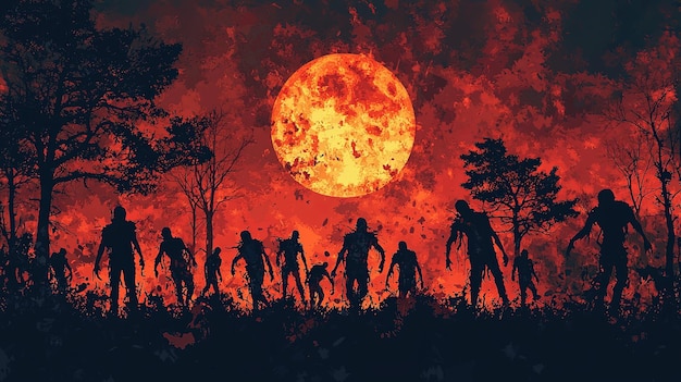 Silhouetted zombies against a large eerie red moon