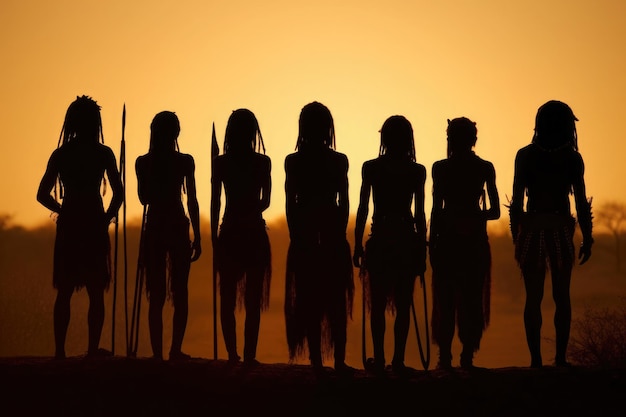 Silhouettes of african aborigines at sunset Generative AI