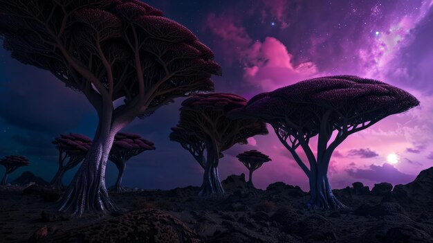 Photo silhouettes of alien trees against a starry purple sky