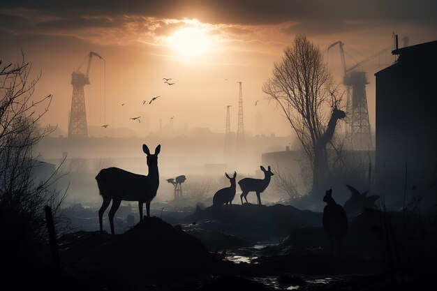 Silhouettes of animals on the terrain with ecological problems Polluted air by factories toxic waste water pollution Generative AI