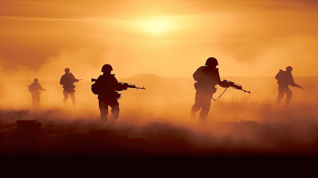 Silhouettes of army soldiers in the fog against a sunset marines team in action surrounded fire and smoke shooting with assault rifle and machine gun attacking enemy