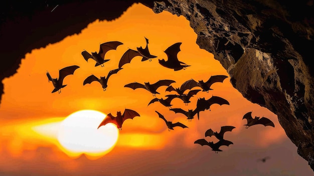 Silhouettes of bats in flight at sunset emerging from their cave