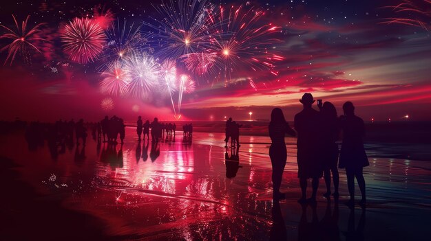 Silhouettes of beachgoers against a backdrop of dazzling fireworks in the night sky