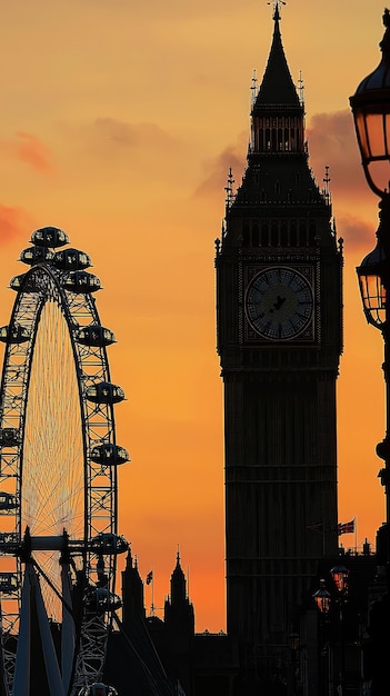 Silhouettes of Big Ben and the London Eye at sunset