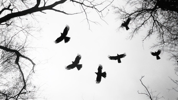 Photo silhouettes of birds flying amongst bare tree branches against a white sky