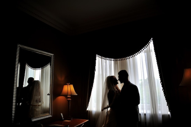 Silhouettes of the bride and groom on the background of a window