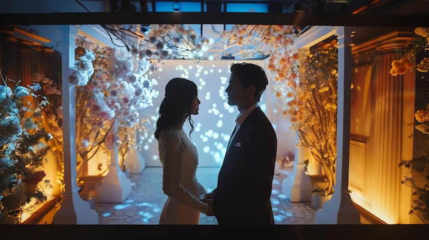 Photo silhouettes of a bride and groom looking at each other in a beautifully decorated wedding venue