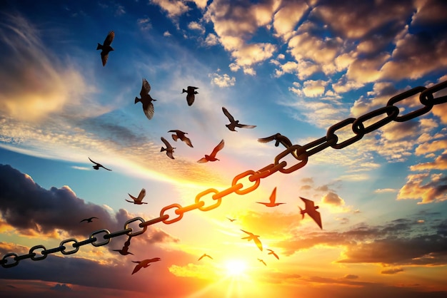 Photo silhouettes of broken chain and birds flying in sky