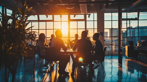 Silhouettes of business people in a conference room with city downtown background Ai generated