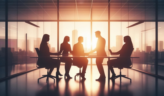 silhouettes of business people in a meeting in front of a window