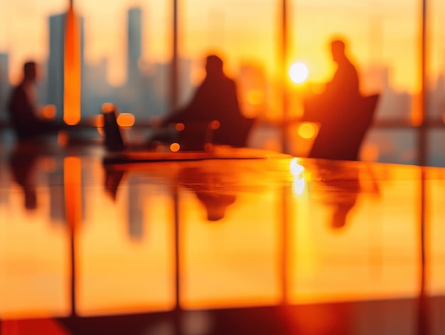 Photo silhouettes of business people meeting in a modern office with a sunset view