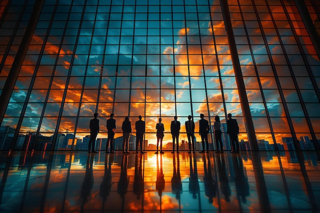 Silhouettes of business people standing in front of large windows with an office background a group