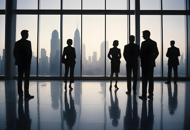 silhouettes of business people standing in front of a window with the skyline behind them