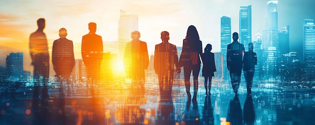 Silhouettes of business people walking toward a city skyline at sunset with a double exposure effect