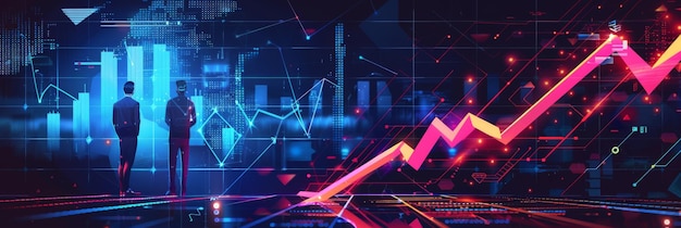 Silhouettes of business people with digital charts and graphs in the background concept of financial