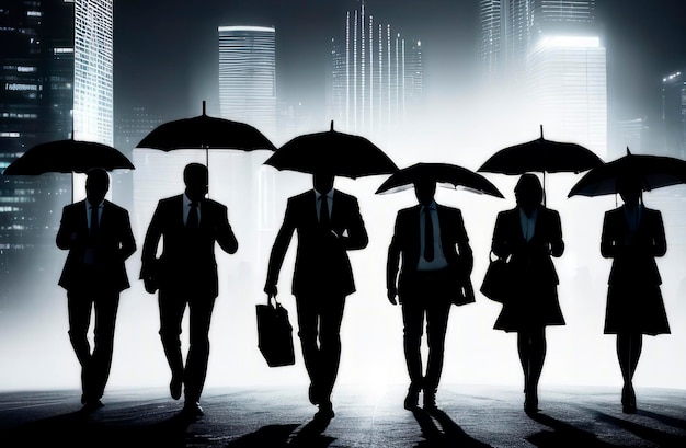 silhouettes of business people with umbrellas on the background of the metropolis