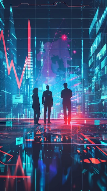 Silhouettes of business professionals standing in a futuristic cityscape with financial graphs